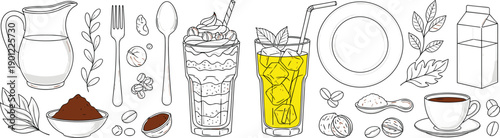 Set of coffee, tea, milk, and dessert with utensils and leaves ice cream