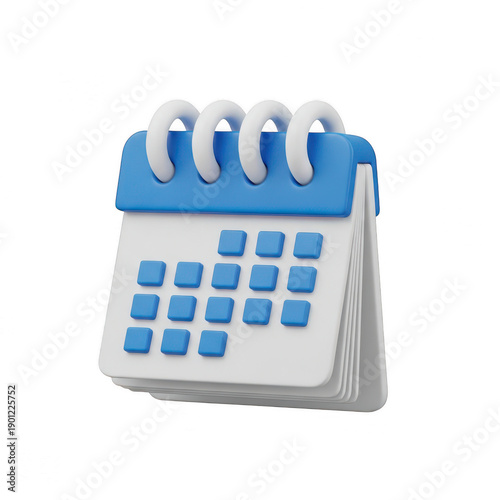 A digital calendar with blue and white design elements is displayed prominently. isolated on transparent background