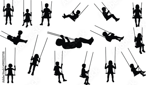 Assortment of child silhouettes on swings in multiple dynamic poses and perspectives highlighting active play and childhood freedom