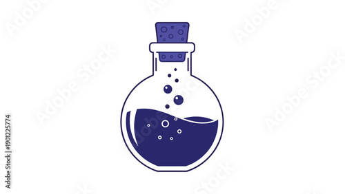 A minimalist icon of a round glass potion bottle with a cork stopper, filled with a bubbling dark blue or purple liquid.