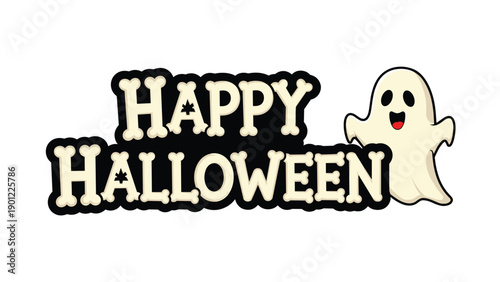 A 'Happy Halloween' typographic design with bone-like letters and a cute, friendly ghost character waving from the side of the text.