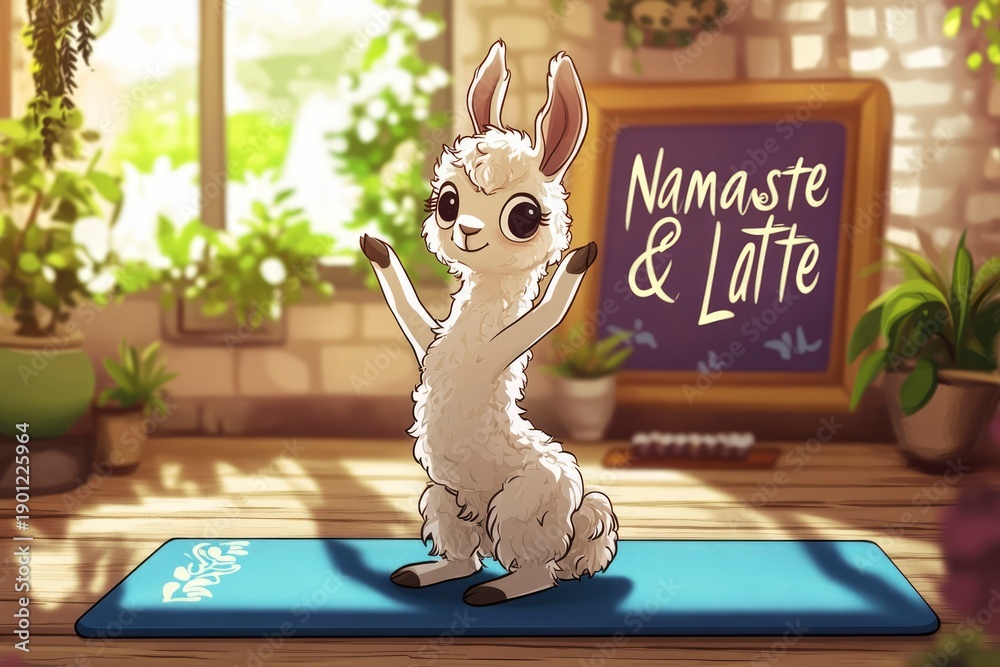 Obraz premium Chibi llama yoga tree pose retro style