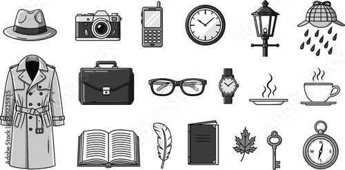 Set of detective investigation and in black and white line style detective investigation black and white