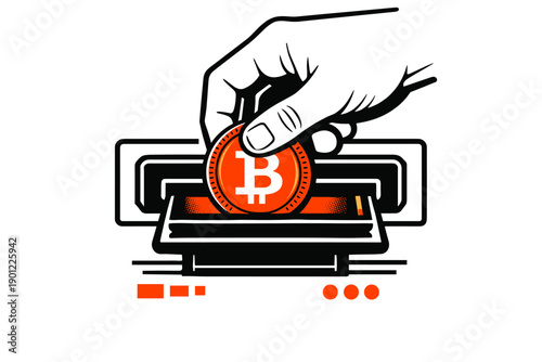 Hand inserting bitcoin into slot representing cryptocurrency transaction concept