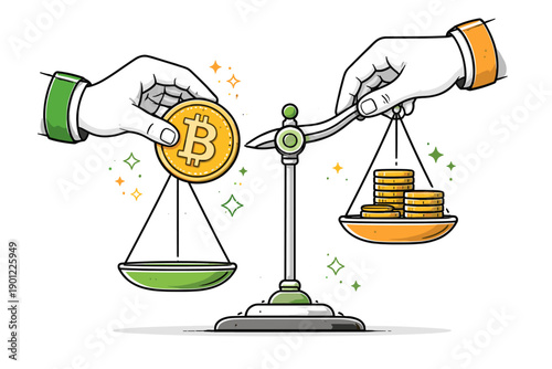 Bitcoin vs traditional currency: hand balancing scales of cryptocurrency and coins