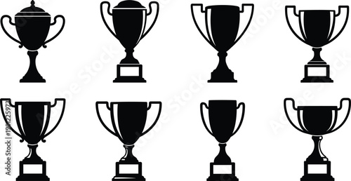 Set of eight black trophy cups with handles and bases