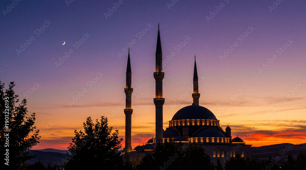 Obraz premium Majestic Mosque with Crescent Moon at Twilight, Religious Architecture Photography, Islamic Culture and Travel Destination