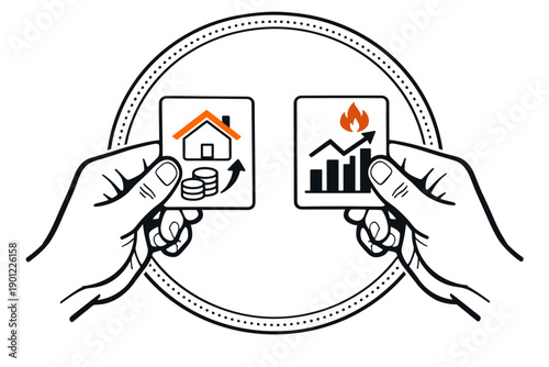 Economic choices: housing investment vs. market risk concept illustration