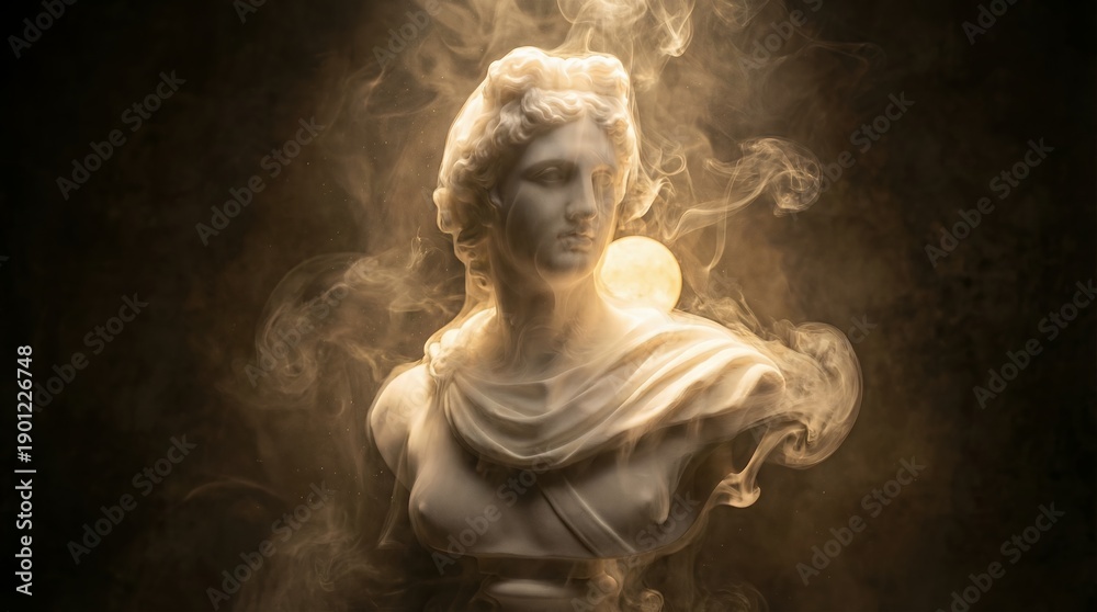 Fototapeta premium A classical statue with its face and part of shoulder in a cloud like shape. The atmosphere surrounding the statue creates a mystical feeling