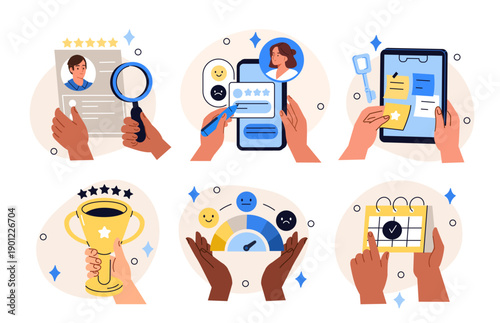 Business evaluation process with metrics, key results, goals and feedback in corporate management. KPI analysis, employee development, expectation, continuous improvement vector illustration.
