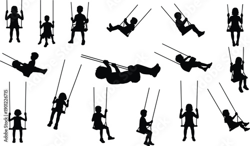 Diverse silhouettes of children enjoying swings in various playful poses and activities on a white background