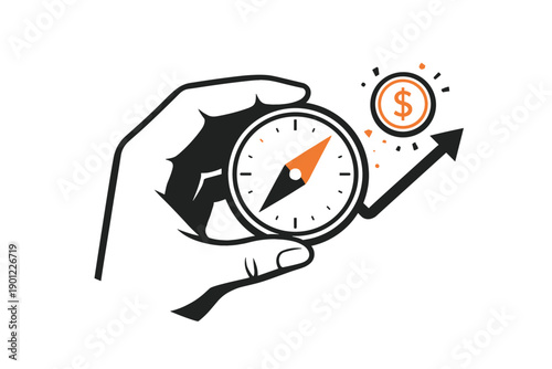 Hand holding compass navigating financial growth symbol with arrow and dollar sign