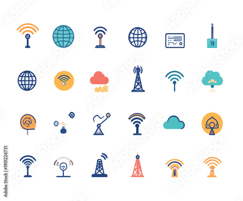 Simple telecom vector icons featuring radio tower, wifi signal, internet globe and cloud services.