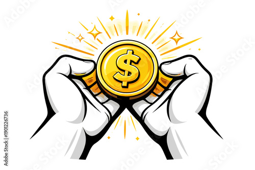 Hands holding gold coin with dollar symbol illustration
