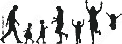 Diverse silhouettes of people of various ages engaged in playful movement and joyful interaction against a plain white backdrop