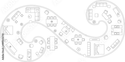 A black and white floor plan image of two connected rooms isolated on transparent background