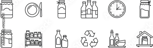 Set of jars, bottles, and recycling in minimalist line style line outline