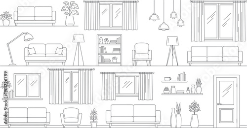 Architectural sketch of various windows and doors isolated on transparent background