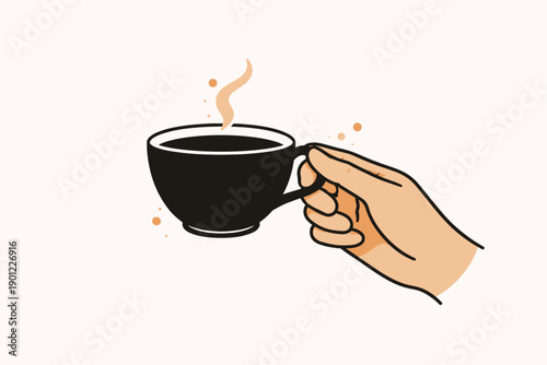 Illustration of hand holding a steaming coffee cup