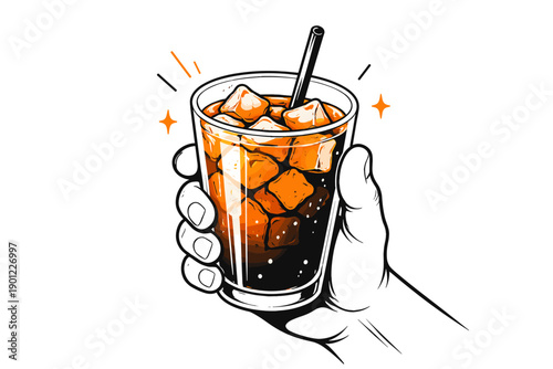 Hand holding sparkling iced cola drink with straw and orange highlights