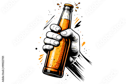 Hand holding amber glass bottle splashing liquid with bold artistic style