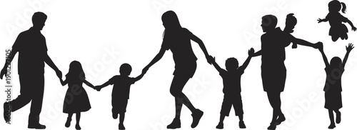 Dynamic silhouette of a multi-generational family group holding hands and celebrating with joyful movement