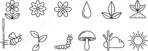 Set of nature including flowers, water drop, leaf, mushroom, sun, and bee