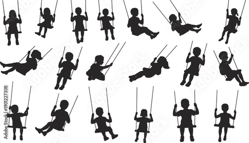 Extensive compilation of child silhouettes on swings in numerous dynamic positions and angles representing childhood activity and delight