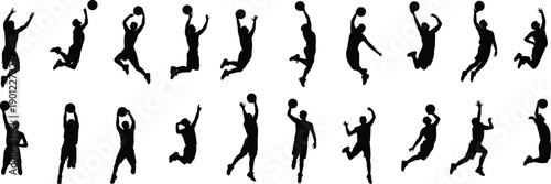 Energetic basketball player silhouettes in mid-air performing various maneuvers and shots players