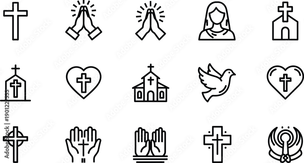 Fototapeta premium Set of religious including crosses, praying hands, church, dove, and heart symbols religious cross