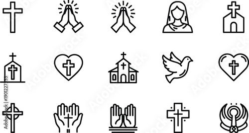 Set of religious including crosses, praying hands, church, dove, and heart symbols religious cross