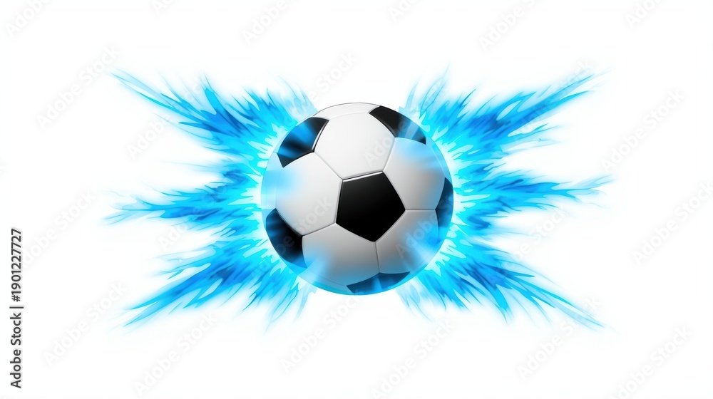 Obraz premium A soccer ball surrounded by a dynamic burst of blue energy.