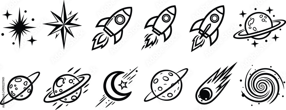 Fototapeta premium Set of space-themed including rockets, planets, stars, and a comet