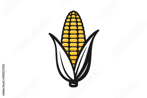 Yellow corn cob with green husks on white background