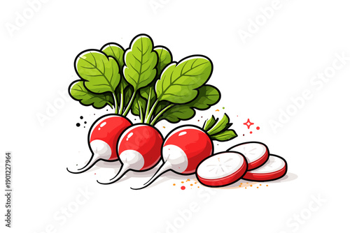 Fresh radishes with leaves and sliced pieces on white background