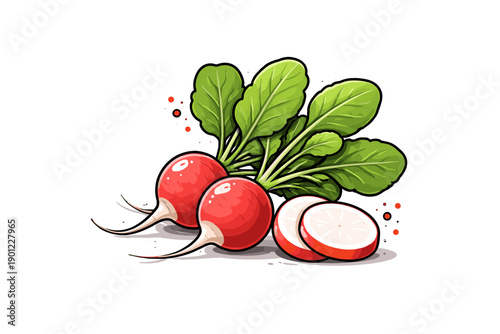 Fresh red radishes with green leaves and sliced pieces on white background