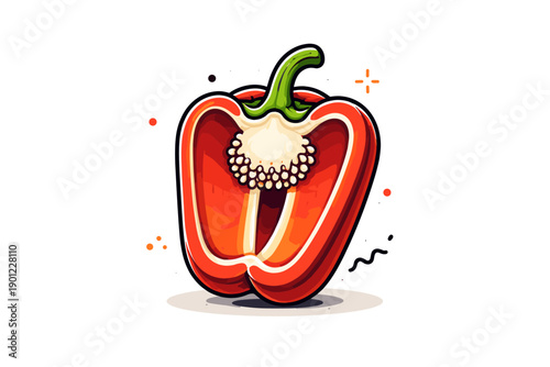 Vibrant red bell pepper halved showing seeds in artistic style
