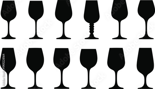 Set of ten different wine glasses in black silhouette style