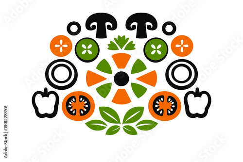 Colorful vegetable pattern with peppers, mushrooms, and green leaves