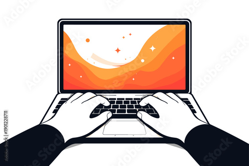 Hands typing on laptop with vibrant orange abstract screen