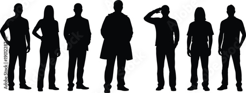 Silhouettes of seven people in different poses group standing