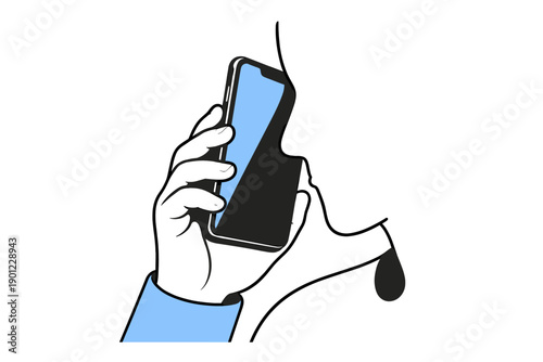Abstract illustration of smartphone addiction with human figure and droplet