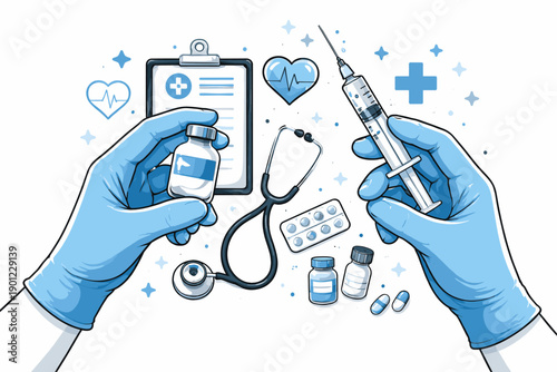 Medical tools and supplies illustration with doctor's hands in gloves holding vaccine and syringe