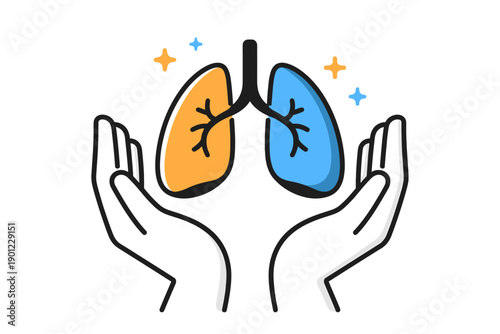 Illustrated hands holding lungs icon with blue and orange color scheme
