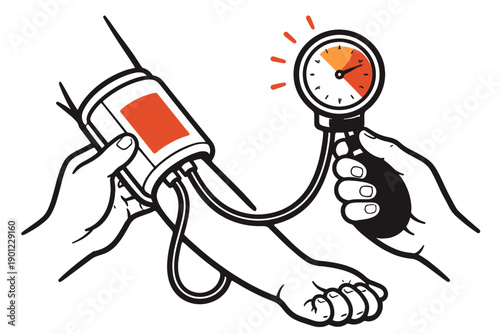 Blood pressure check: sphygmomanometer device illustration with arm and dial