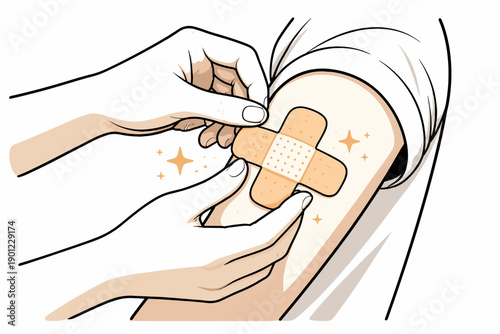 Illustration of a bandage being applied to an arm for healing care