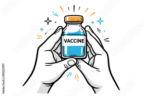 Hands holding vaccine bottle with vibrant outline and dynamic background elements