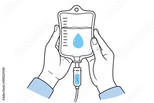 Hands holding iv fluid bag with drop icon