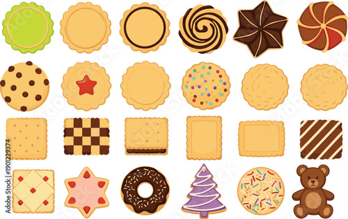Cookies and biscuits collection with various shapes flavors and decorations sweet bakery flat vector illustration set