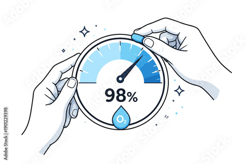 Hands adjusting gauge showing 98% oxygen level with blue gradient
